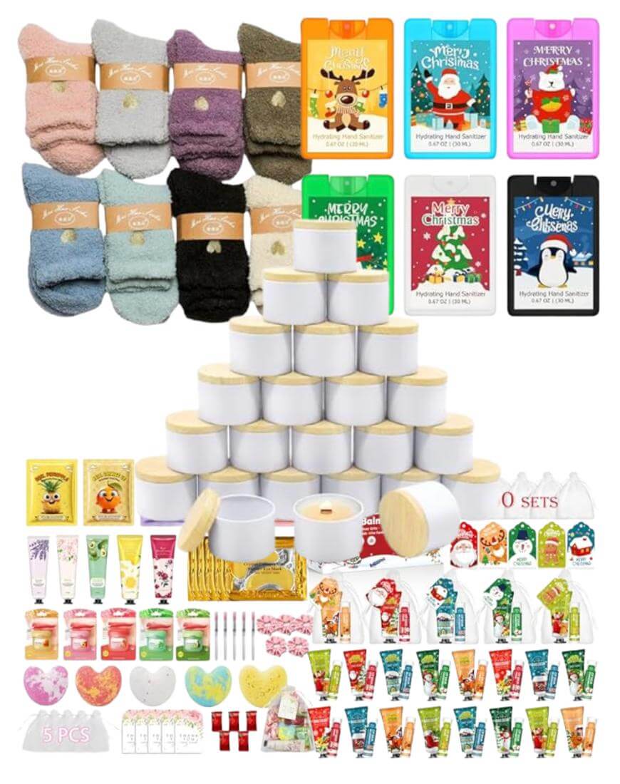 A gift set featuring fuzzy socks, holiday-themed cards, small candles, lotions, face masks, nail kits, lip balms, and various festive skincare products arranged in an organized display.