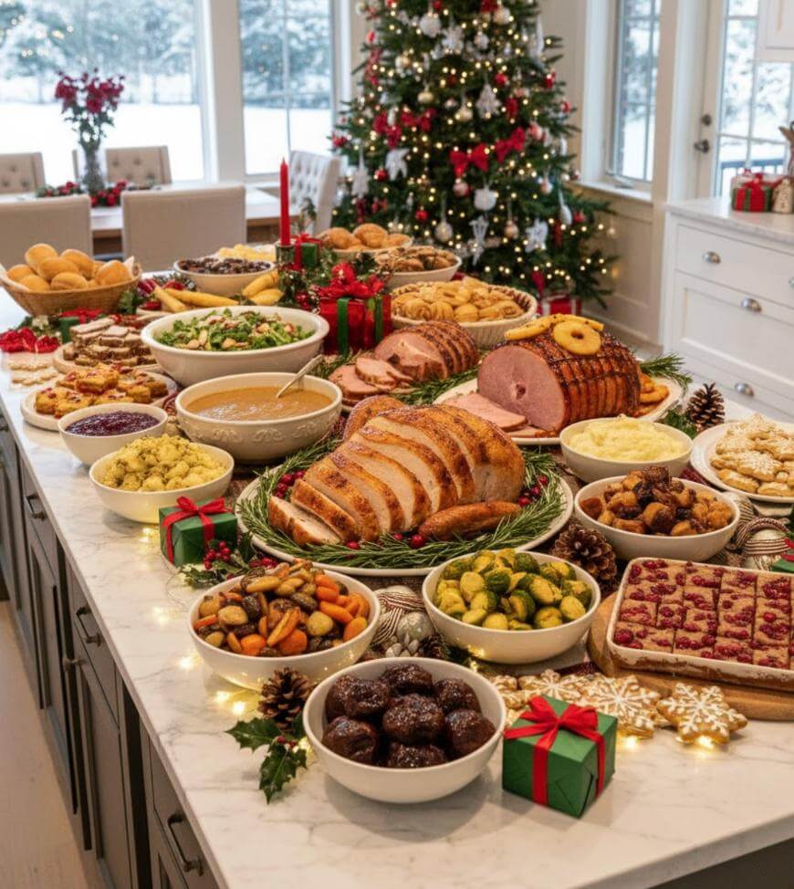 A festive holiday feast on a kitchen island features roast meats, vegetables, breads, casseroles, and desserts with Christmas decorations and a decorated tree in the background. Wrapped gifts and pinecones accent the scene.