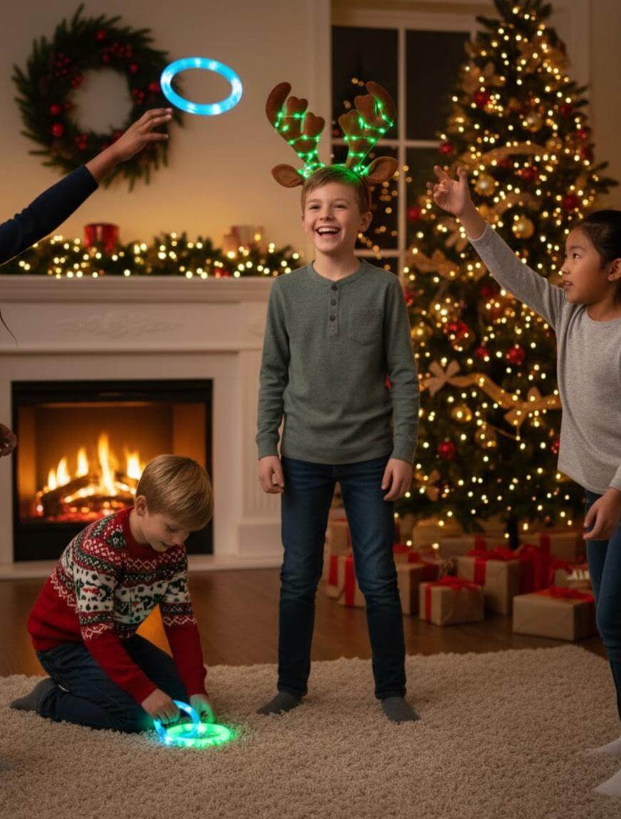 Four children play a ring toss game in a cozy living room decorated for Christmas, with a tree, wrapped gifts, and fireplace. One child wears light-up antlers while others aim glowing rings at him, all smiling and laughing.