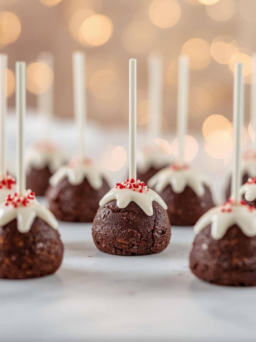 Several chocolate cake pops with white icing and red sprinkles on top, each on a white stick, are arranged on a light surface with a soft, bokeh light background.