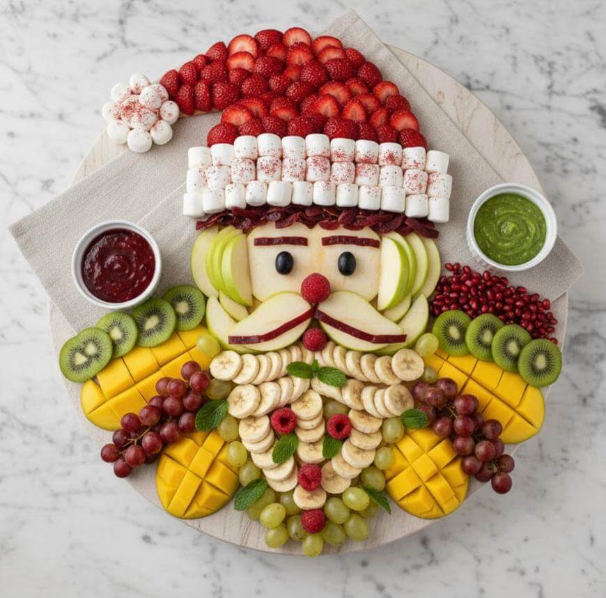 A festive fruit platter arranged to look like Santa Claus, with strawberries, marshmallows, and grapes forming his hat, various sliced fruits for his face and beard, and two small bowls of dipping sauces on the side.