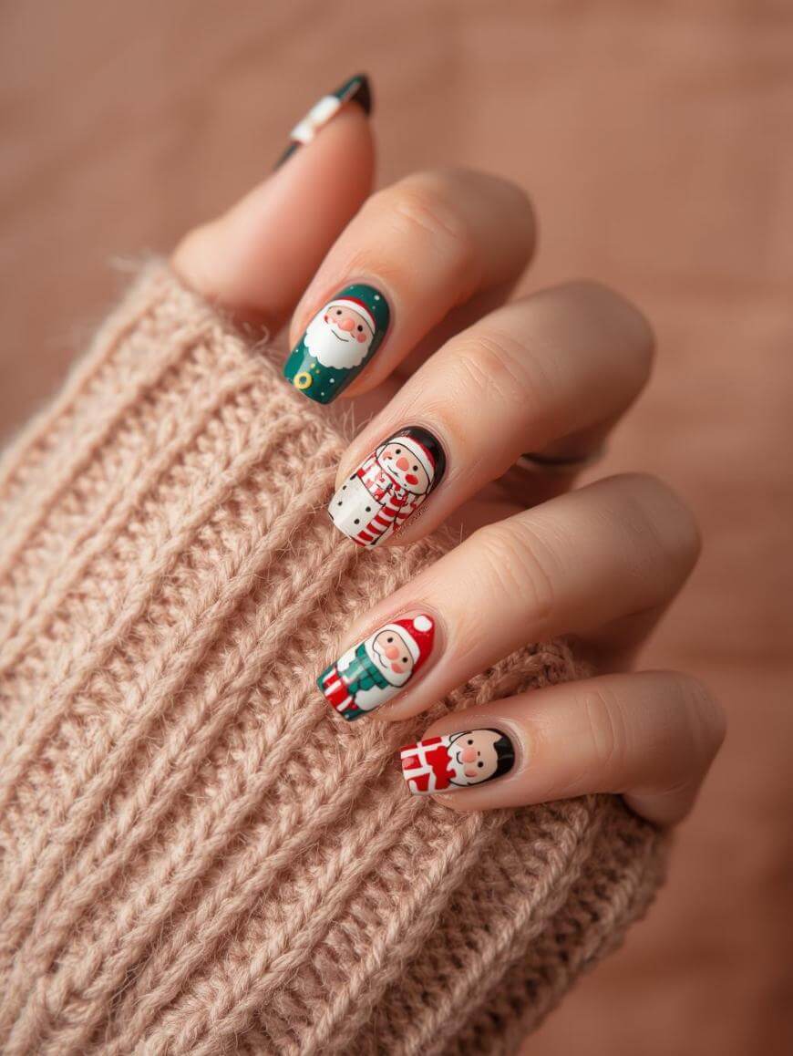 A hand with festive Christmas nail art featuring Santa Claus, a snowman, and an elf, shown against a beige knitted sweater background.