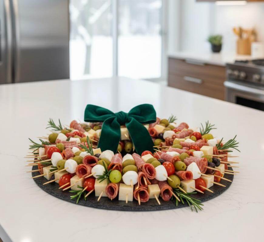 A charcuterie wreath made of skewers with cheese, salami, olives, tomatoes, and mozzarella, arranged in a circle on a platter with rosemary sprigs and topped with a green velvet bow. It sits on a white kitchen counter.