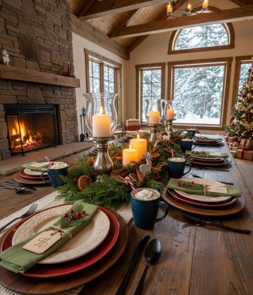 A rustic dining table set for a holiday meal with festive plates, candles, and greenery. A fireplace glows, a Christmas tree stands by the window, and snow covers the trees outside, creating a cozy winter scene.