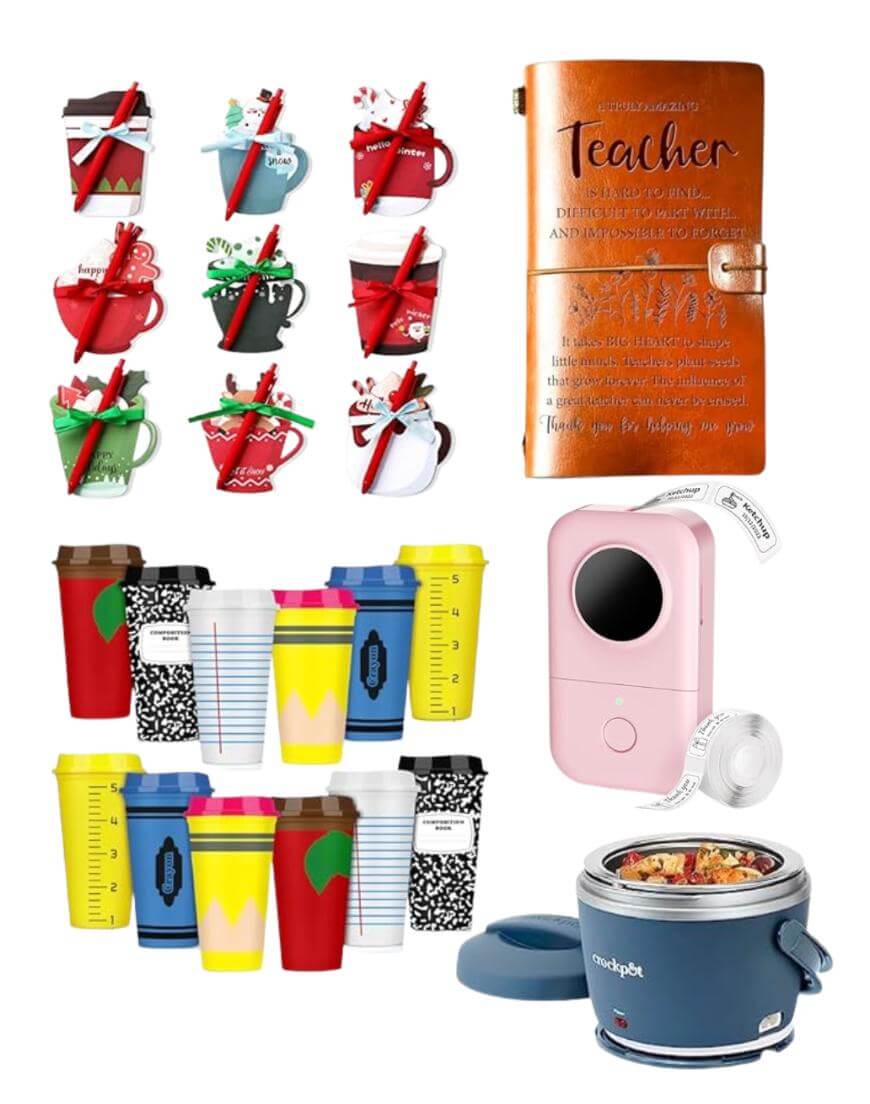 A collage of gifts for teachers including holiday-themed gift card holders, a brown leather journal labeled “Teacher,” colorful reusable cups, a pink portable mini printer, and a small Crockpot with food inside.