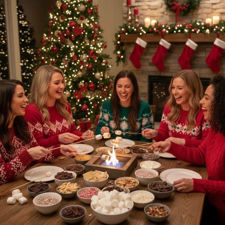 Five women in festive sweaters sit around a table making s’mores, smiling and laughing, with Christmas trees, stockings, and holiday decorations in the background. Bowls of treats and marshmallows cover the table.