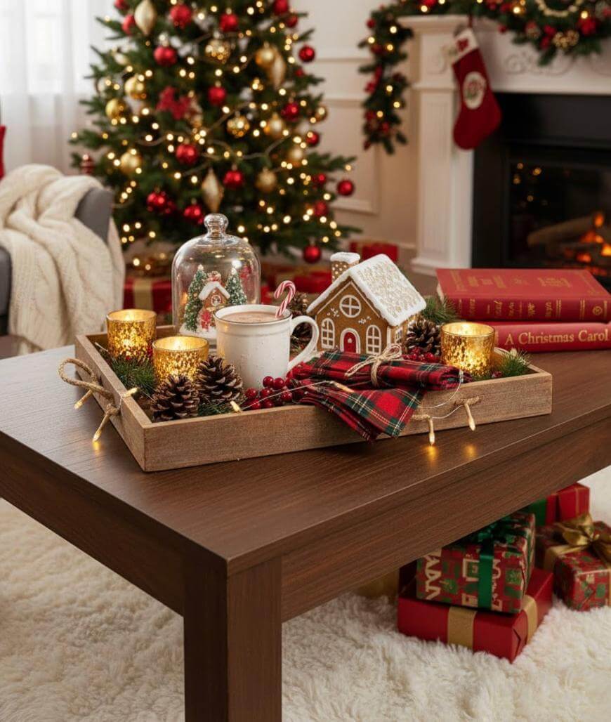 A festive living room with a decorated Christmas tree, wrapped gifts, and a cozy tray on a wooden table holding candles, pinecones, a mug, plaid napkins, and a gingerbread house. A fireplace and stockings are in the background.