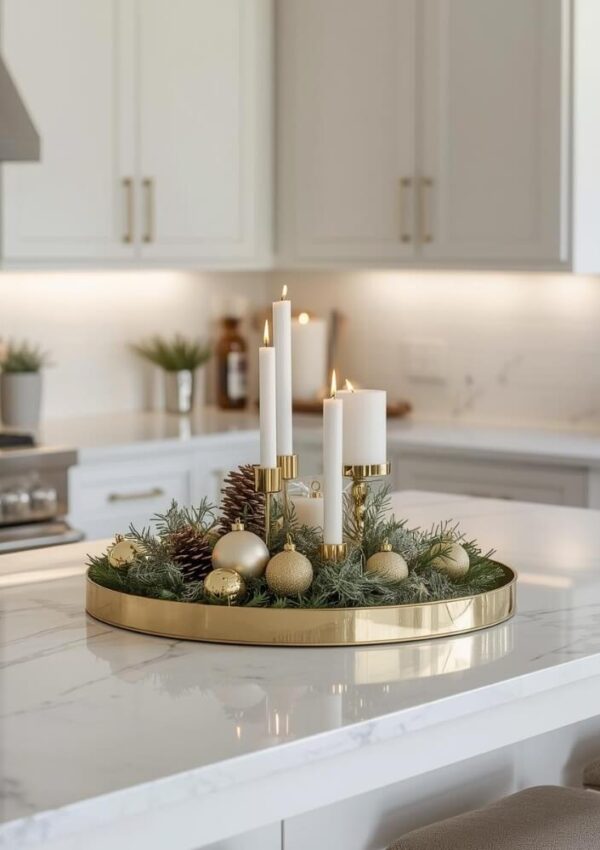 A gold tray with lit white candles, pinecones, greenery, and gold ornaments is displayed as a festive centerpiece on a white marble kitchen island in a modern, bright kitchen.