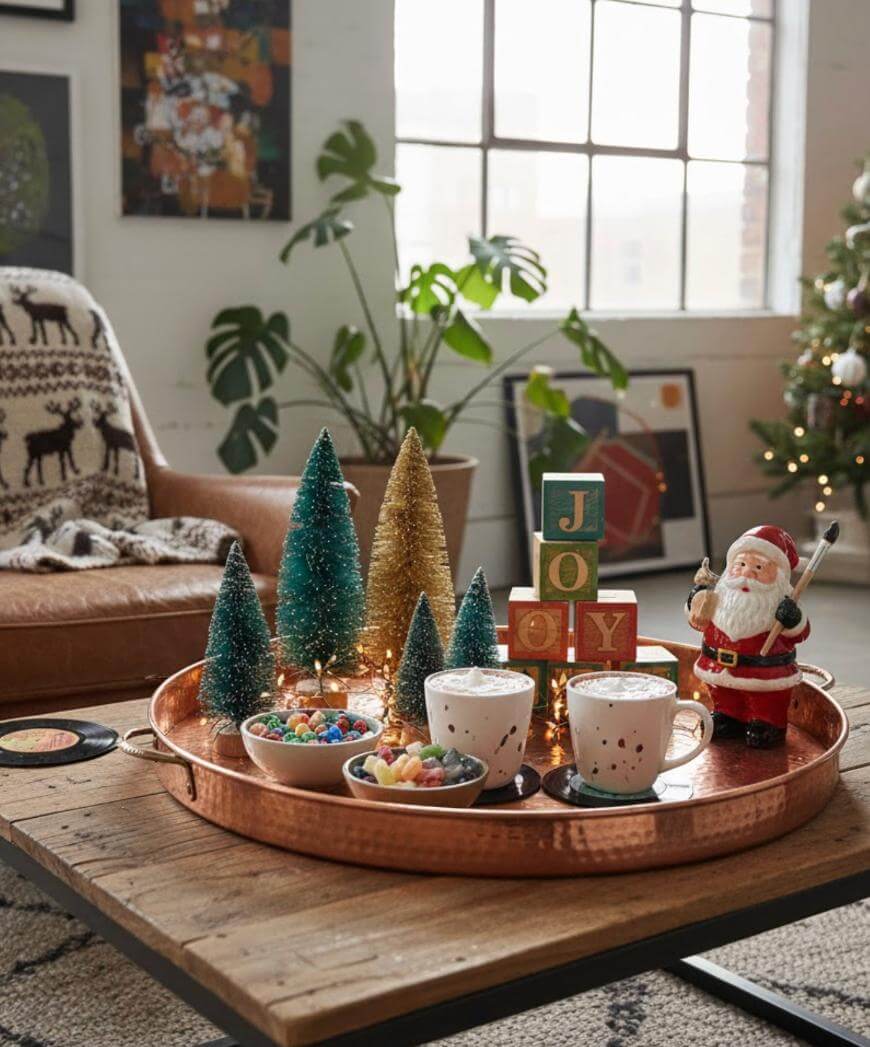 A cozy living room with a copper tray on a wooden table holding two mugs, candy bowls, mini Christmas trees, a Santa figurine, and blocks spelling JOY. A decorated Christmas tree and festive decor are in the background.