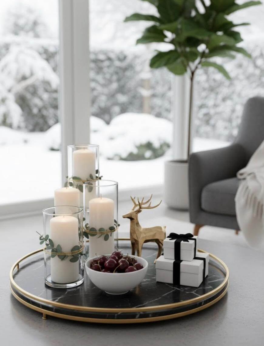 A round tray on a table holds four white candles in glass holders, a small golden reindeer figurine, two gift boxes, and a bowl of cherries. A snowy landscape is visible through large windows in the background.