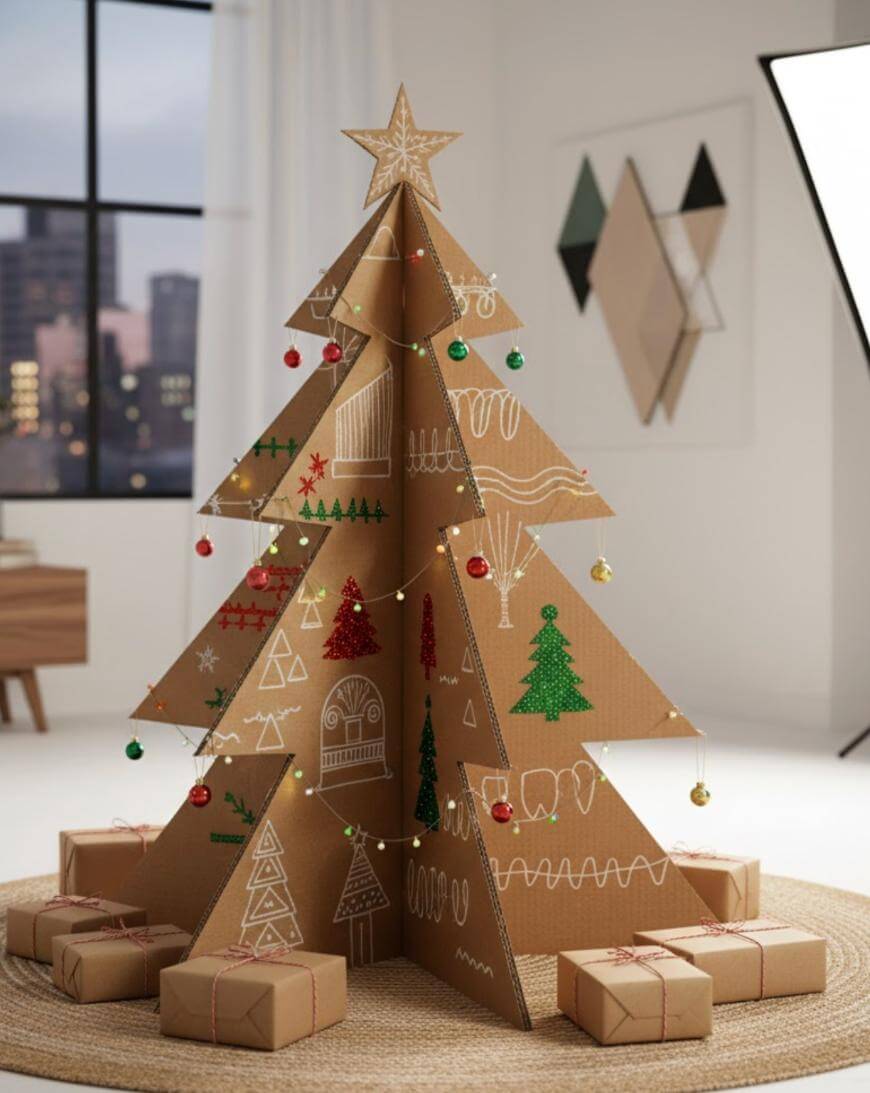 A cardboard Christmas tree decorated with drawn-on ornaments, small baubles, and string lights stands on a circular rug, surrounded by wrapped gifts in a modern, softly lit room with city views.
