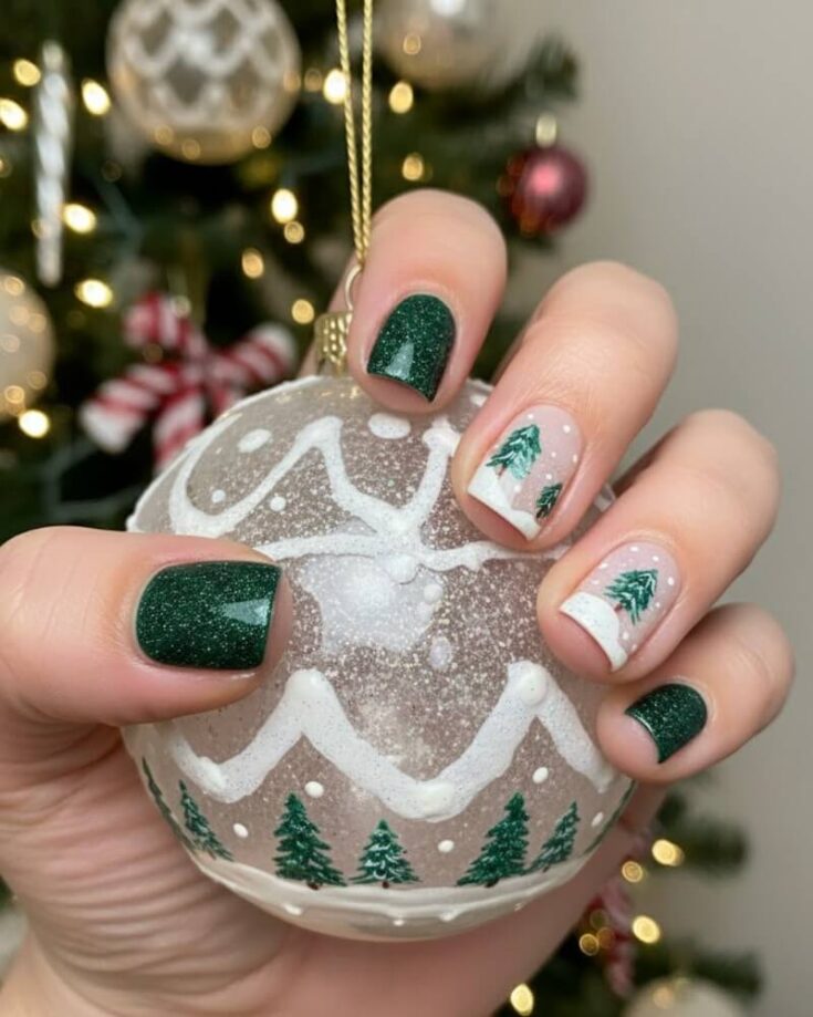 A hand with festive nail art holds a Christmas ornament. The nails are painted dark green and nude with small Christmas trees on some nails. A decorated tree with lights is blurred in the background.