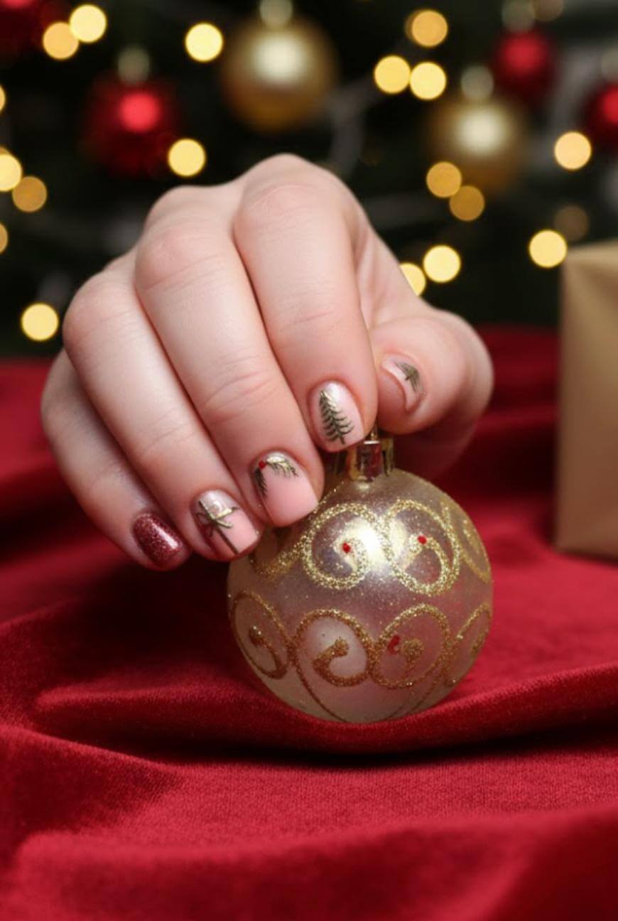 A hand with festive nail art, including small Christmas trees and glitter, holds a gold ornament over a red velvet surface. Blurred holiday lights and decorations are visible in the background.