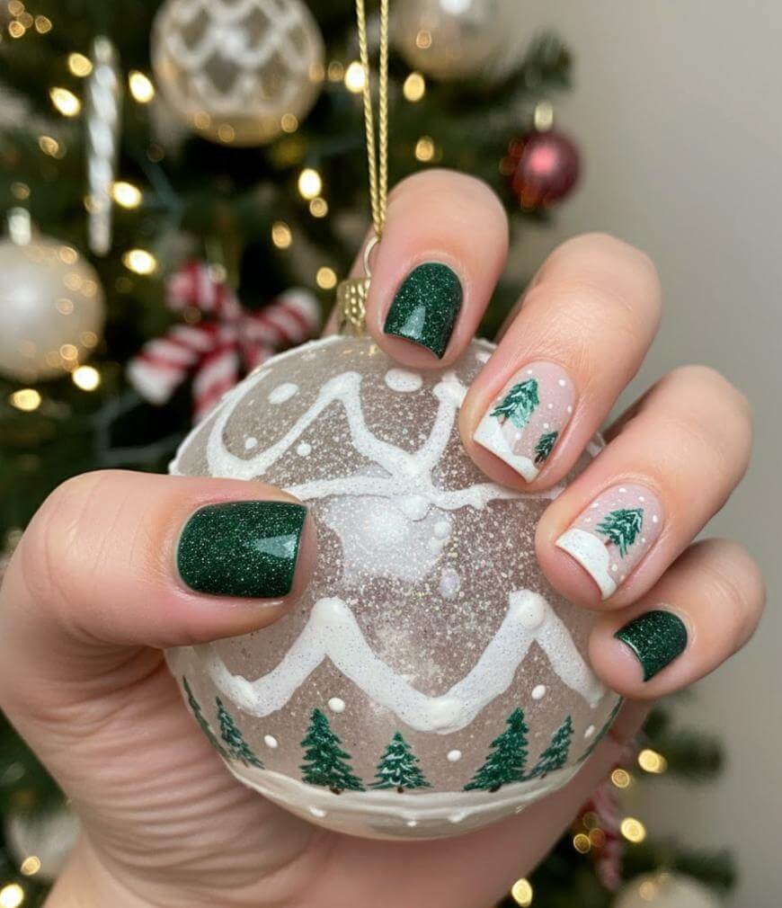 A hand with festive nail art holds a Christmas ornament. Nails are painted dark green, with two accent nails featuring small painted Christmas trees and white details. A decorated Christmas tree is blurred in the background.