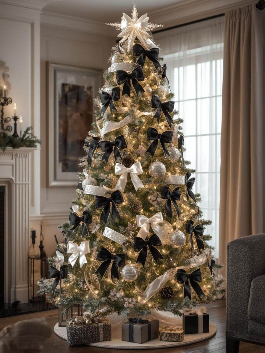 A Christmas tree decorated with white lights, silver ornaments, and large black and white bows stands in a cozy living room with wrapped presents underneath and soft natural light coming through the window.