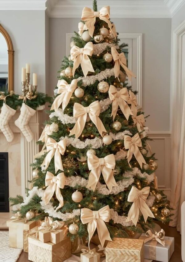 A Christmas tree decorated with large cream-colored bows, gold ornaments, and white garland stands in a living room beside wrapped presents, a fireplace with stockings, and a gold-framed mirror.