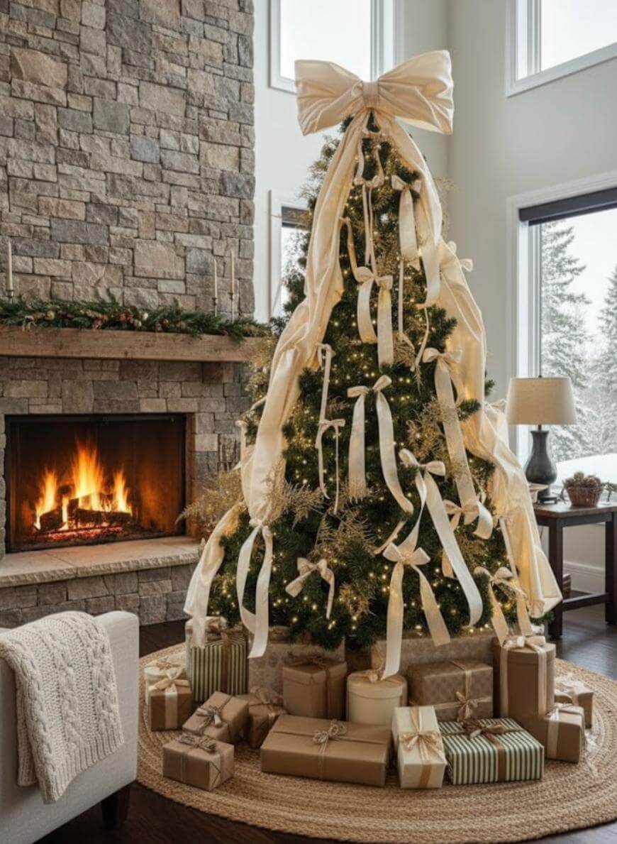 A decorated Christmas tree with white ribbons and lights stands by a crackling fireplace, surrounded by wrapped presents in a cozy living room with large windows and snowy scenery outside.