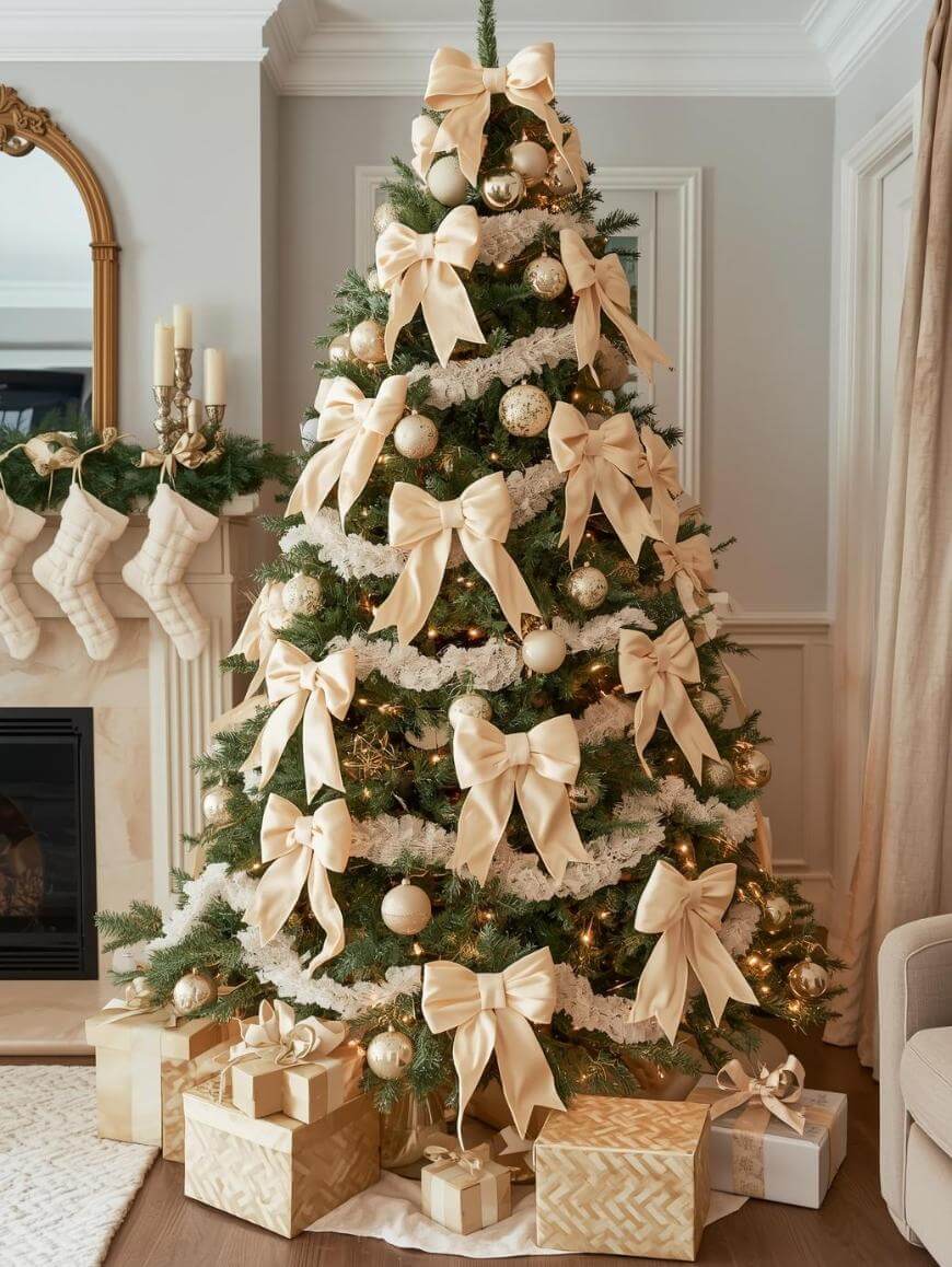 A Christmas tree decorated with large cream-colored bows, gold ornaments, and white garland, surrounded by gold-wrapped presents, near a fireplace with three stockings and a gold mirror above the mantel.