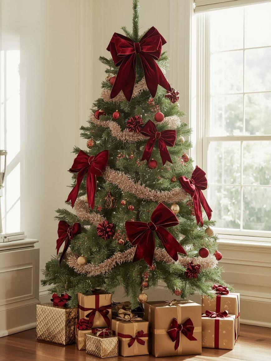 A Christmas tree decorated with large red velvet bows, ornaments, and tinsel stands in a bright room. Wrapped gifts with gold and red ribbons are arranged underneath near a window.
