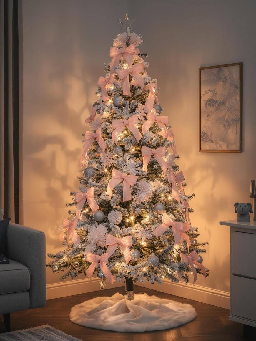 A decorated Christmas tree with white flocked branches, pink bows, white ornaments, and warm string lights stands in a cozy living room with soft lighting and a framed picture on the wall.