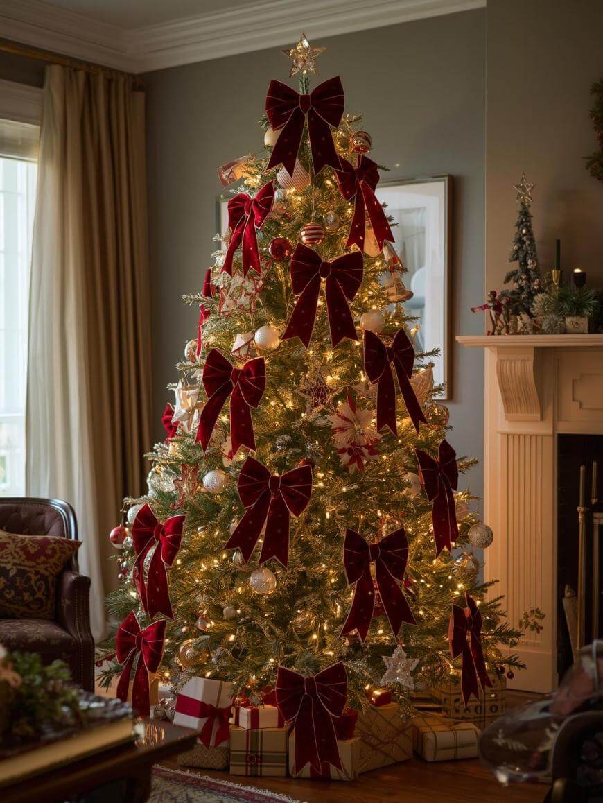 A Christmas tree decorated with large red bows, white and gold ornaments, and warm white lights stands in a cozy living room with wrapped gifts beneath it and a fireplace nearby.