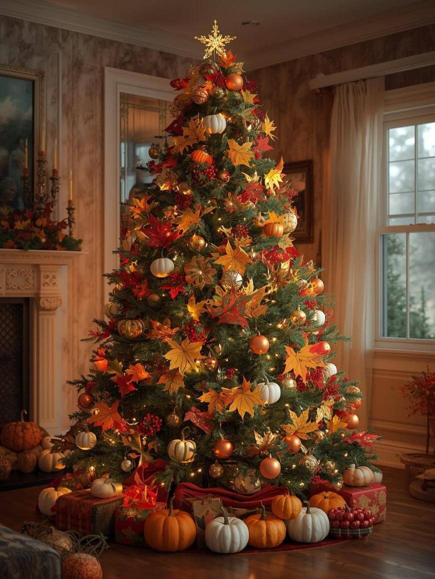 A Christmas tree decorated with orange and yellow autumn leaves, white and orange pumpkins, and warm lights stands in a cozy living room with wrapped gifts and pumpkins arranged around the base.