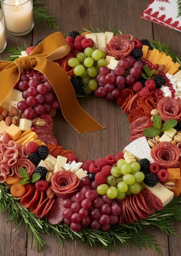 A festive charcuterie wreath with assorted meats, cheeses, grapes, berries, nuts, and herbs, arranged in a ring shape on a wooden table with candles and greenery, topped with a gold ribbon bow.