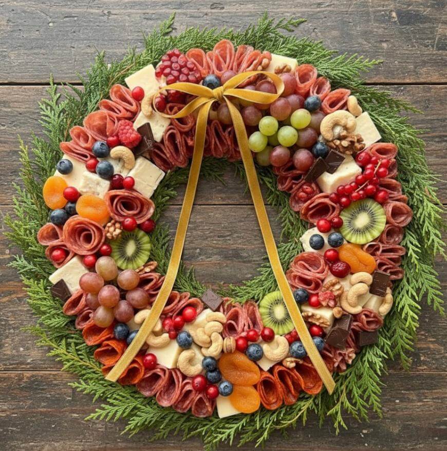 A festive charcuterie wreath on a wooden table, decorated with assorted meats, cheeses, nuts, dried fruits, fresh berries, grapes, and kiwi slices, with a yellow ribbon bow at the top and greenery around the edges.
