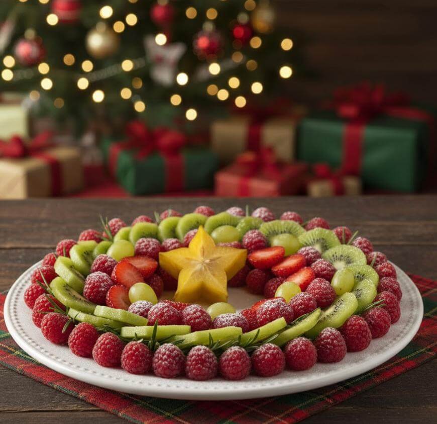 A festive fruit wreath on a white plate, made of raspberries, kiwi, strawberries, grapes, and a starfruit center, dusted with powdered sugar. Wrapped gifts and a decorated Christmas tree are blurred in the background.