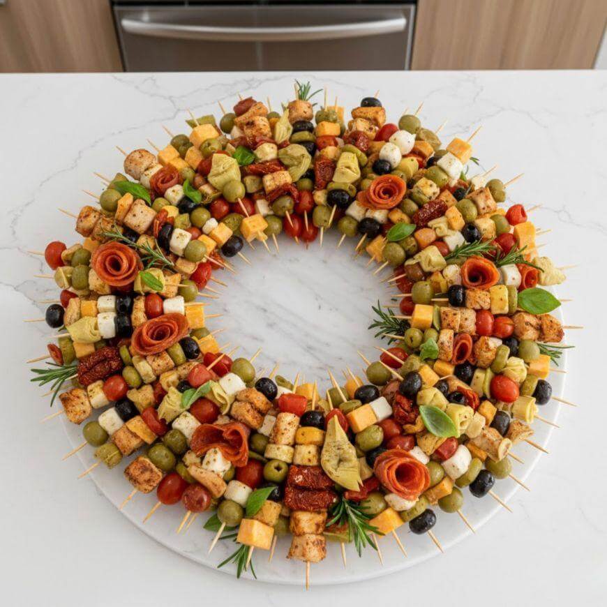 A circular platter arranged like a wreath, featuring skewers with assorted antipasto items such as cheese cubes, olives, artichokes, tomatoes, meats, and fresh herbs on a white countertop.