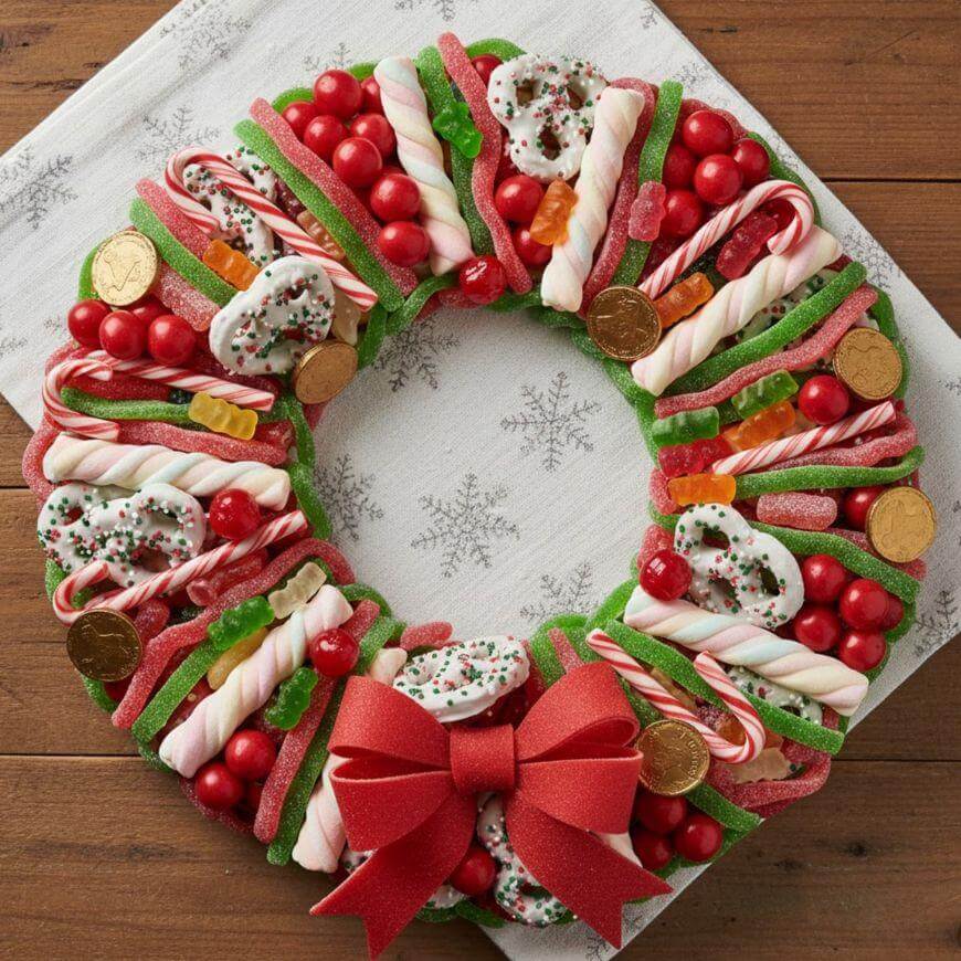 A festive wreath made of colorful candies, including marshmallows, jelly gummies, candy canes, chocolate coins, and red round candies, is decorated with a large red bow and displayed on a snowflake-patterned cloth.