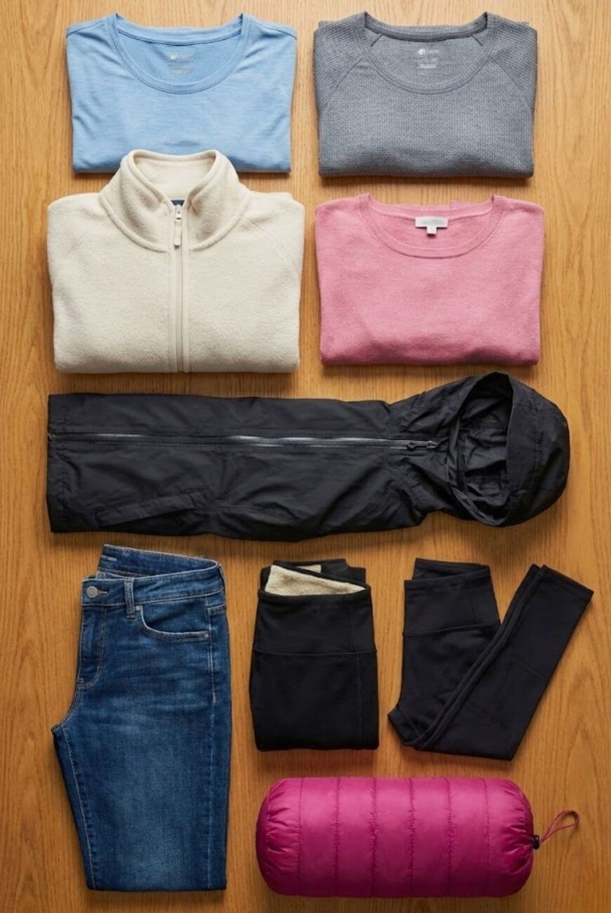 Clothing items arranged on a wooden surface: two folded pullovers (blue and gray), a cream zip-up fleece, a pink sweater, a black hooded jacket, blue jeans, black leggings, black pants, and a rolled-up pink puffer jacket.