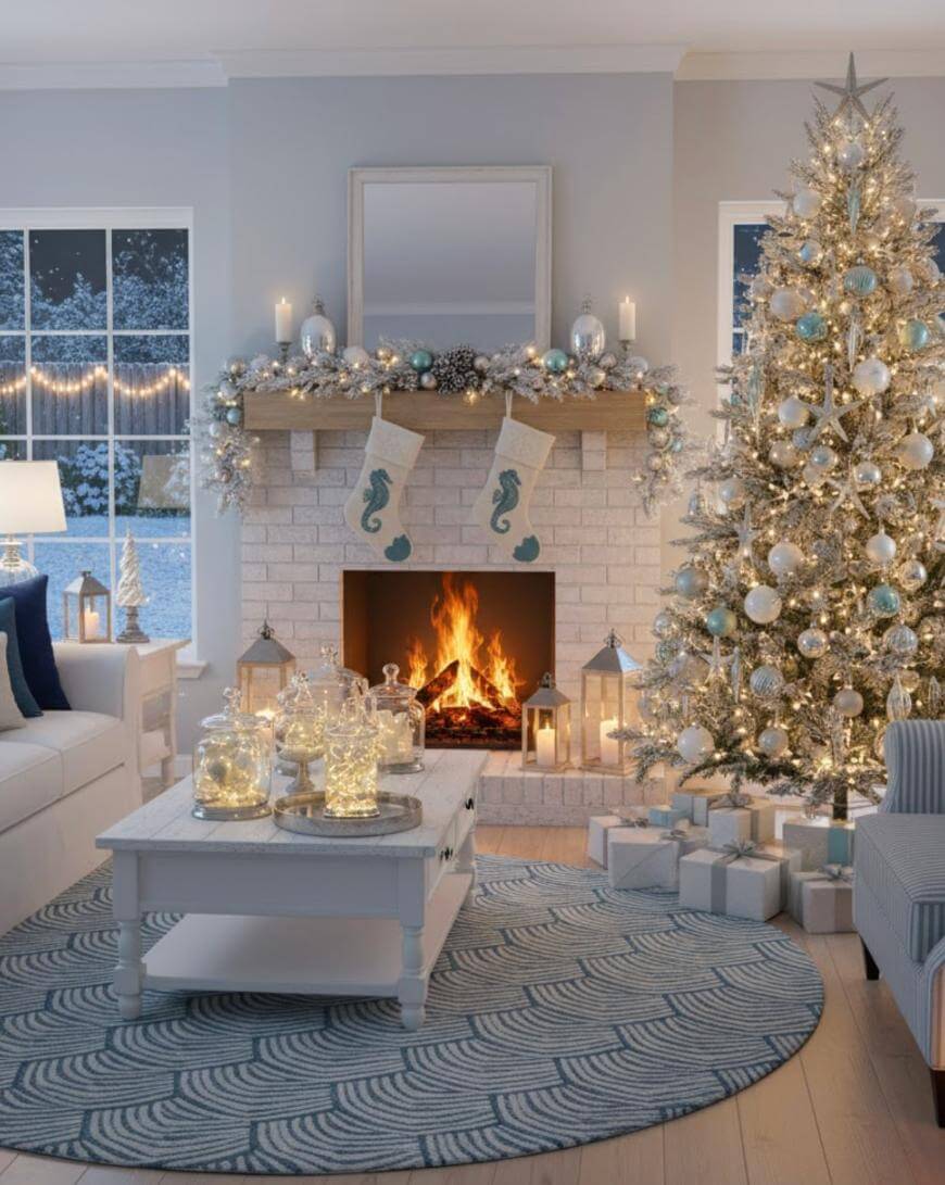 A cozy living room decorated for Christmas with a lit fireplace, a sparkly Christmas tree, wrapped gifts, candles, string lights, and white and blue holiday decor. Snowy scenery is visible through the windows.