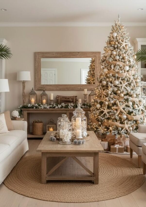 A cozy living room decorated for Christmas with a large, snow-dusted tree adorned with white and gold ornaments, surrounded by neutral-toned furniture, candles, and festive decor on a wooden coffee table and sideboard.