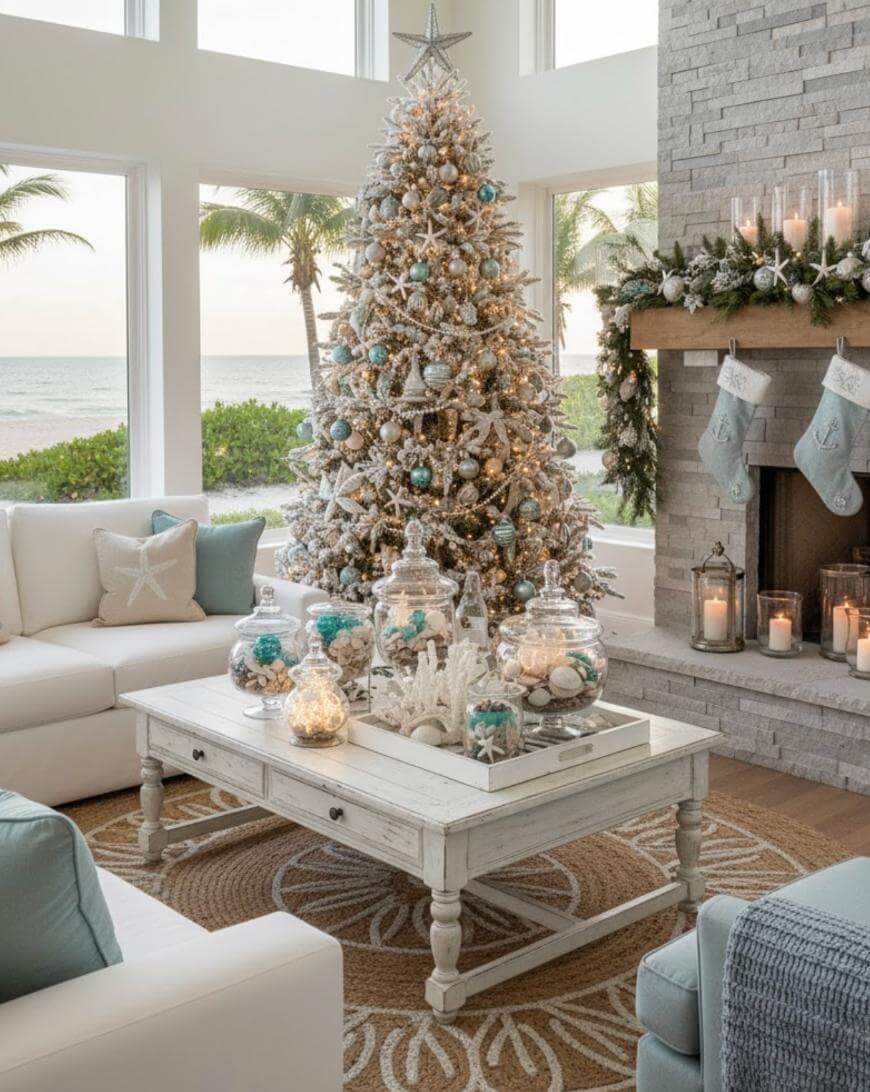 A coastal-themed living room decorated for Christmas, featuring a large, flocked tree with silver and blue ornaments, a white coffee table with festive jars, stockings on the mantel, and ocean views through large windows.