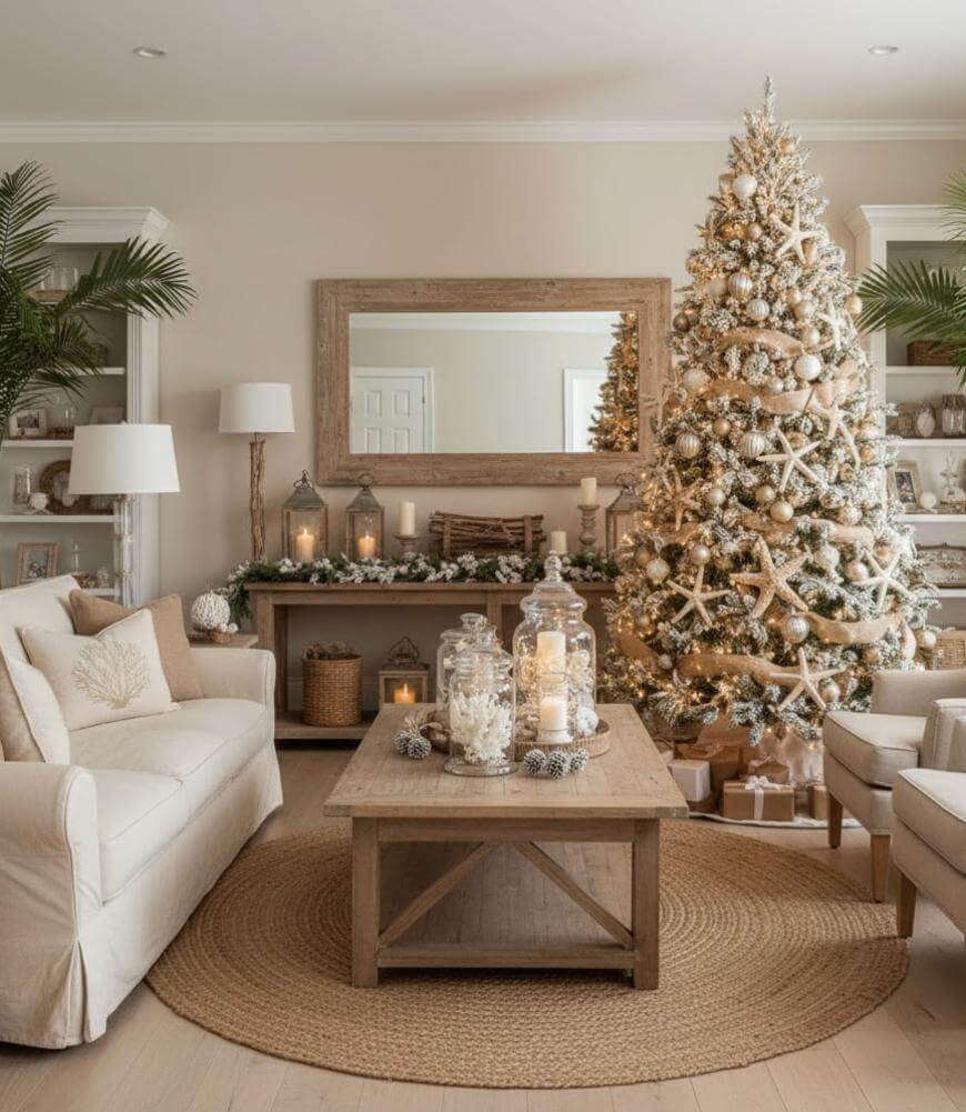 A cozy living room decorated for Christmas features a large, flocked Christmas tree with white and gold ornaments, soft beige sofas, a wooden coffee table with candles and decor, and a round jute rug.