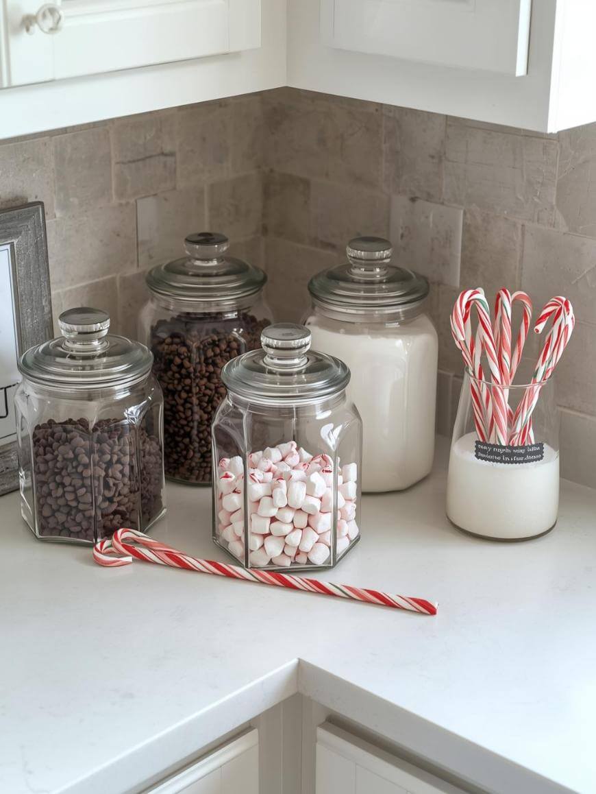 Four glass jars sit on a kitchen counter holding chocolate chips, marshmallows, chocolate balls, and sugar. A container holds candy canes, with an extra candy cane resting on the counter in front.