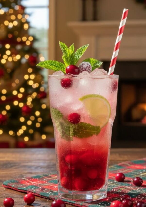 A festive pink cocktail with ice, cranberries, mint, and lime in a glass with a red-and-white striped straw. A decorated Christmas tree and a lit fireplace appear blurred in the background.