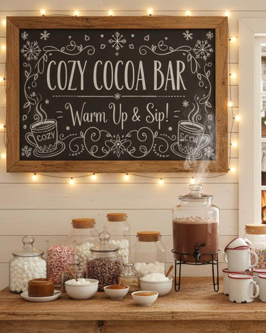 A cozy cocoa bar setup with jars of marshmallows, candy, and toppings, a large glass dispenser of hot chocolate, mugs, and a chalkboard sign reading Cozy Cocoa Bar, Warm Up & Sip! framed by string lights.