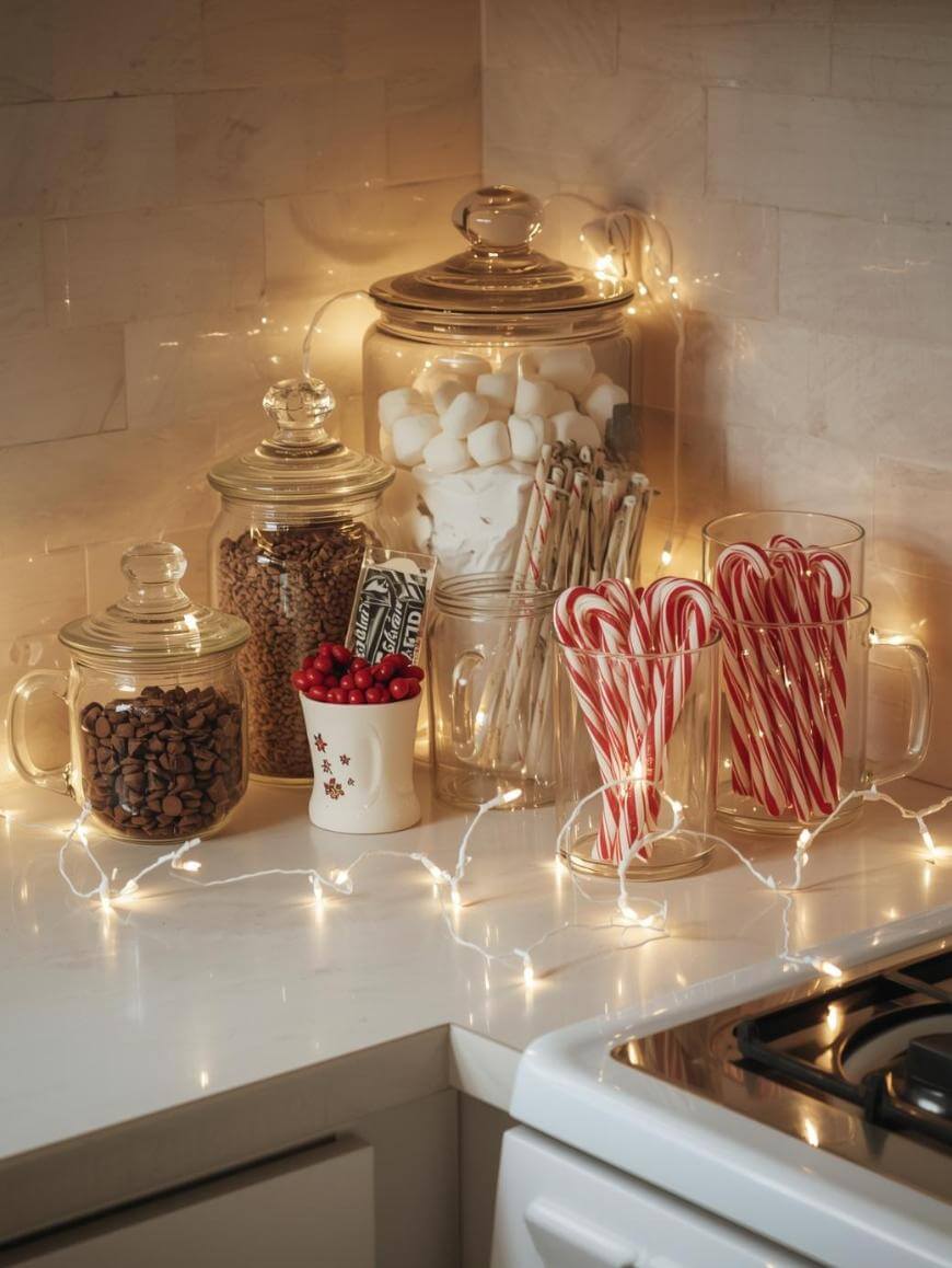 A cozy kitchen counter with glass jars holding coffee beans, marshmallows, chocolate sticks, candy canes, and a cup of cranberries, all surrounded by warm string lights.