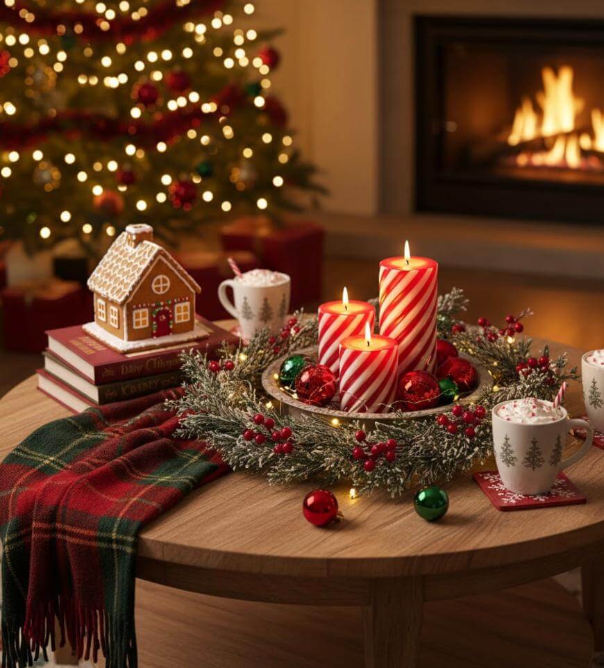 A cozy Christmas scene with a table holding three red-and-white striped candles, a festive wreath, mugs of hot cocoa, a gingerbread house, and books. A lit fireplace and decorated Christmas tree are in the background.