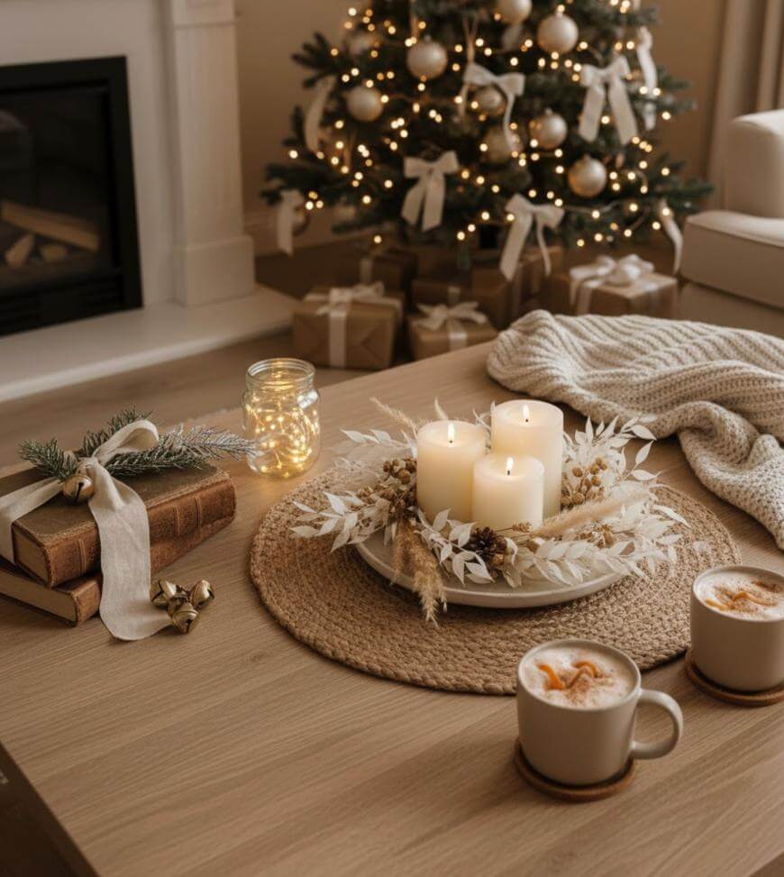 A cozy living room with a decorated Christmas tree, wrapped gifts, and a coffee table featuring three lit candles on a festive wreath, two mugs of coffee, a knit blanket, books, and a jar of string lights.