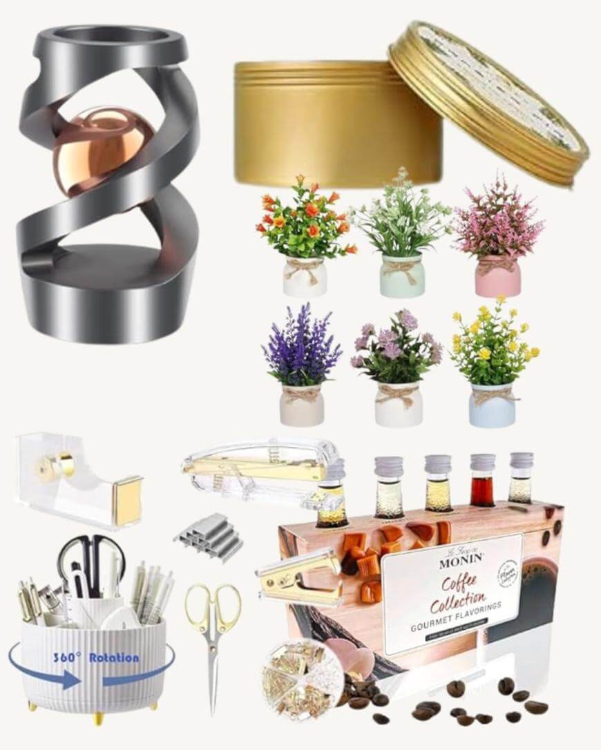 A collage showing a metallic spiral ornament, a gold lidded tin, six small potted flower arrangements, a transparent tape dispenser, a set of kitchen tools with a rotating holder, and a gourmet coffee flavor gift set.