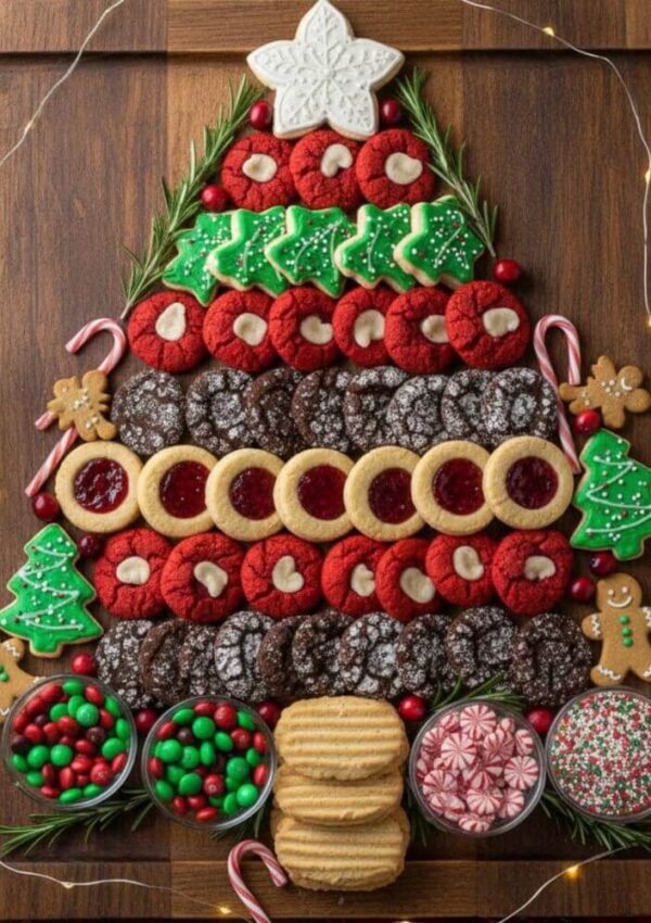 A festive arrangement of assorted Christmas cookies, candies, and treats is shaped like a Christmas tree on a wooden tray, decorated with candy canes and lights.