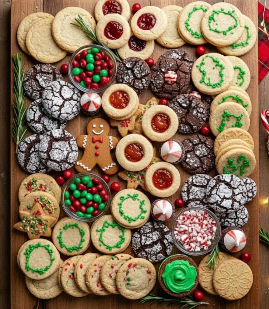 A festive platter with assorted holiday cookies, including wreath-decorated sugar cookies, jam thumbprints, chocolate crinkle cookies, a gingerbread man, peppermint candies, and bowls of red and green M&Ms.