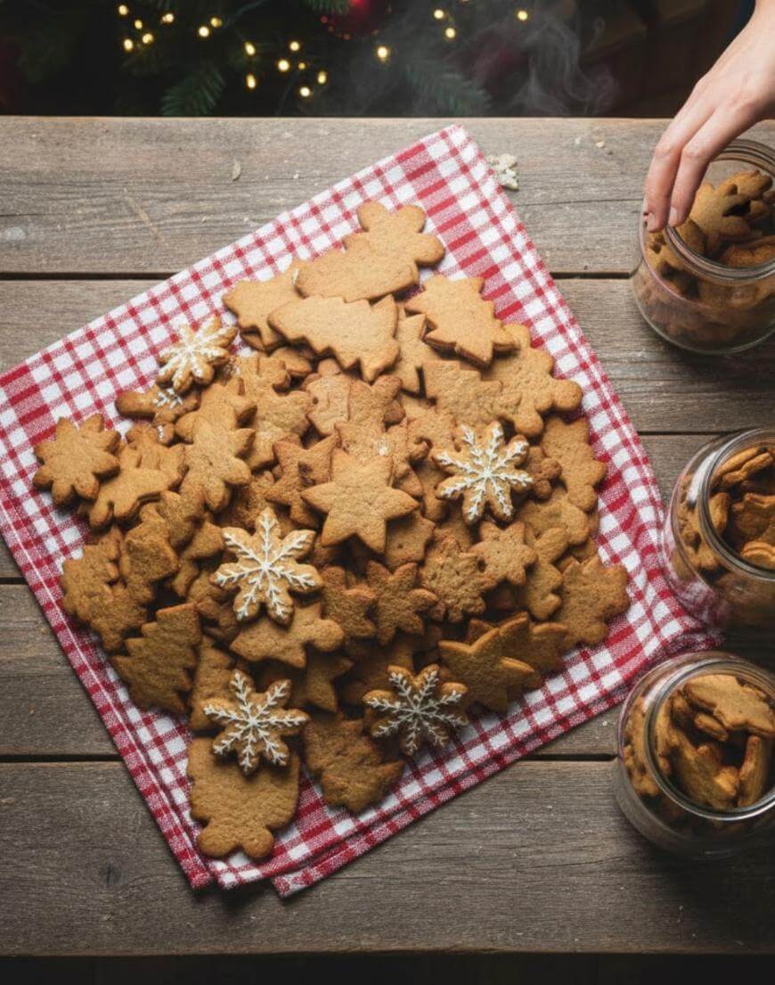 A pile of assorted gingerbread cookies, some decorated with white icing, on a red and white checkered cloth on a wooden table. A hand is placing cookies into a glass jar on the right. Christmas tree lights glow in the background.