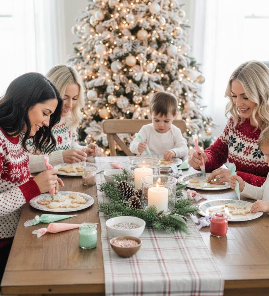 Four people, including a young child, decorate cookies at a wooden table with candles and holiday decorations. A lit Christmas tree with ornaments is in the background, and everyone is wearing festive sweaters.