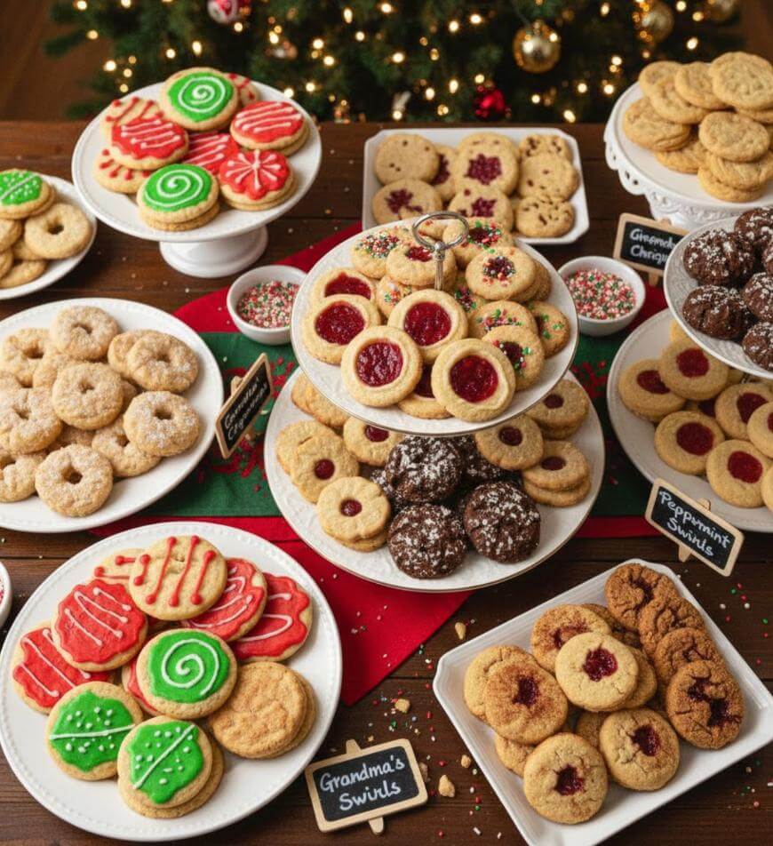 A festive table displays assorted Christmas cookies, including decorated sugar cookies, jam-filled cookies, and sprinkled treats, set near a lit Christmas tree with ornaments in the background.
