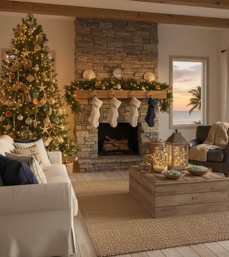 A cozy living room decorated for Christmas with a lit tree, garland on a stone fireplace, four stockings, and a wooden coffee table. Sunlight and ocean view are visible through the window, creating a warm holiday atmosphere.