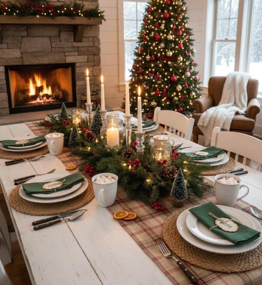 A festive dining table is set with greenery, candles, and holiday decor. A decorated Christmas tree and a lit fireplace create a cozy atmosphere in a warmly lit room with winter visible through the windows.